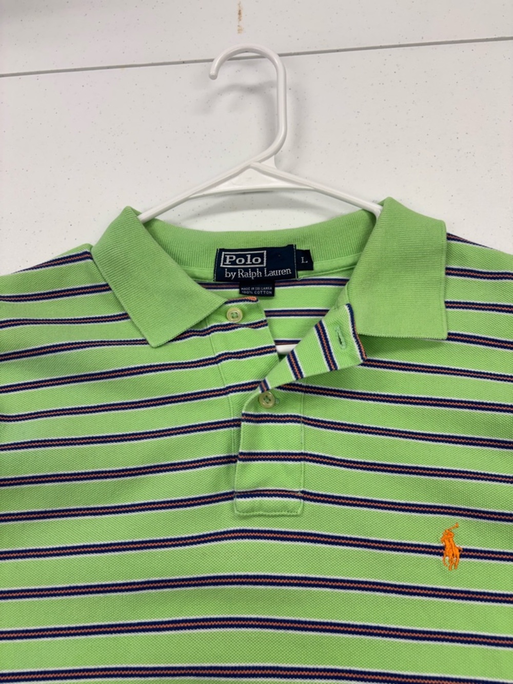 RALPH LAUREN POLO KNIT SHIRT
MEN SIZE LARGE  LIME GREEN STRIPE 
ORANGE PONY